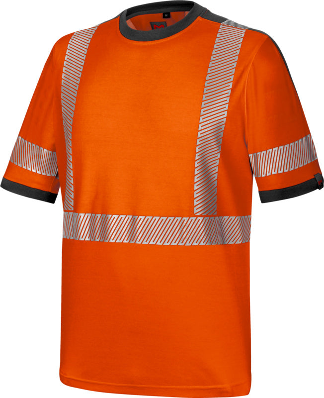Neonorange Warnschutz-T-Shirt mit reflektierenden Streifen für erhöhte Sichtbarkeit.