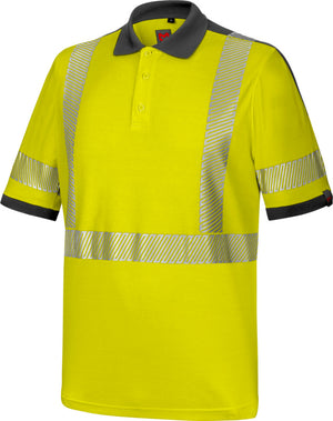 Neon gelbes Warnschutz-Poloshirt mit reflektierenden Streifen und klassischem Schnitt.