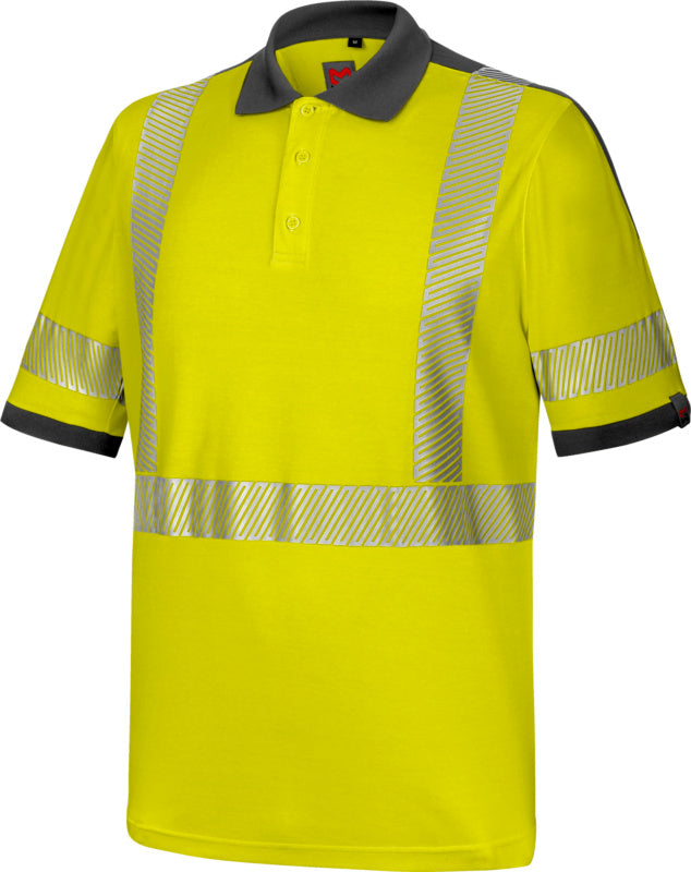 Neon gelbes Warnschutz-Poloshirt mit reflektierenden Streifen und klassischem Schnitt.