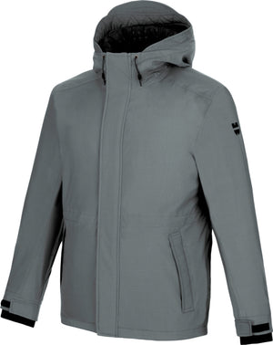 Grau gefütterte Wetterschutzjacke mit verstellbaren Bündchen und mehreren Taschen.