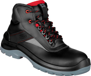 Schwarze Sicherheitsstiefel S3 mit rutschfester Sohle und atmungsaktivem Material.