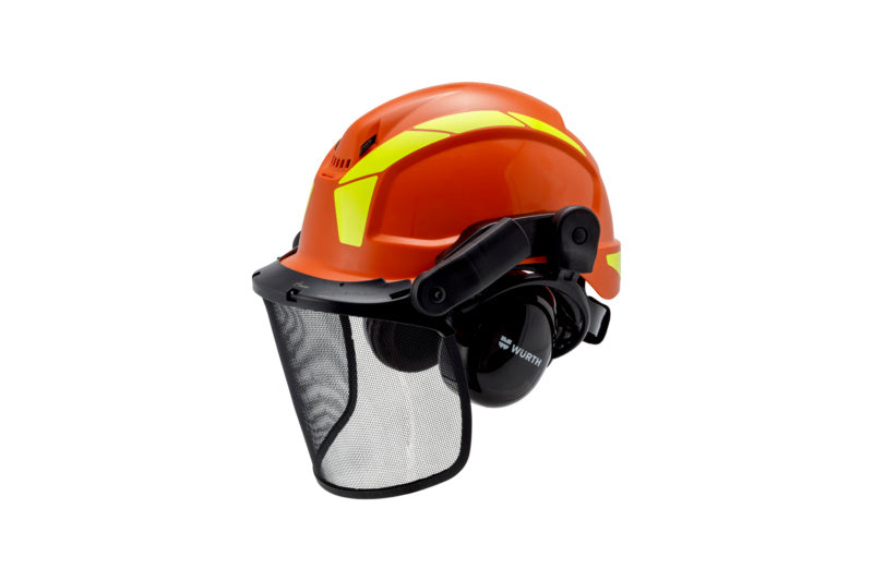 Schutzhelm mit transparentem Visier, verstellbaren Bändern und Belüftungssystem für Komfort.