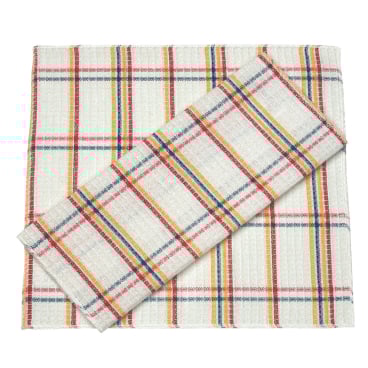 Buntes kariertes Geschirrtuch mit Waffelstruktur.