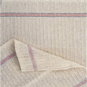 Beiges Baumwolltuch mit roten und blauen Streifen und Waffelstruktur.