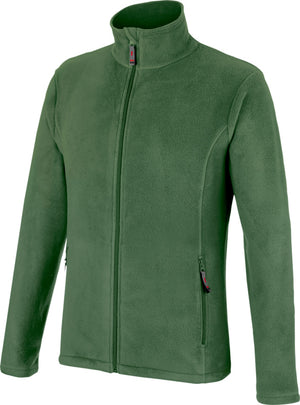 Grüne Fleecejacke mit Stehkragen und seitlichen Reißverschlusstaschen für Essentials.