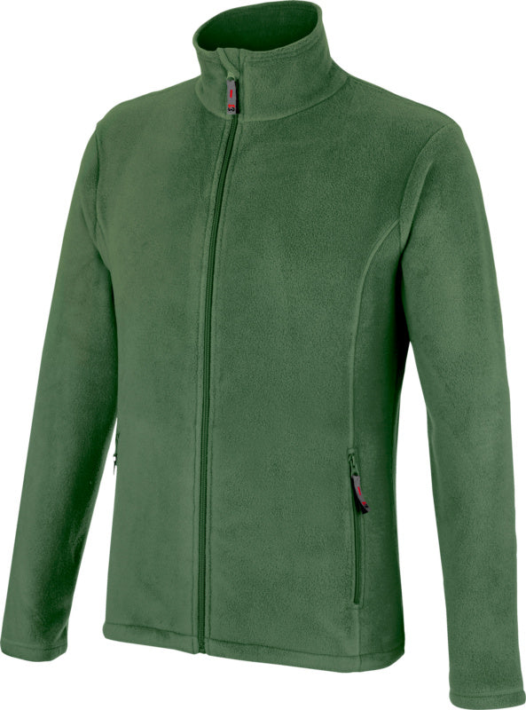 Grüne Fleecejacke mit Stehkragen und seitlichen Reißverschlusstaschen für Essentials.