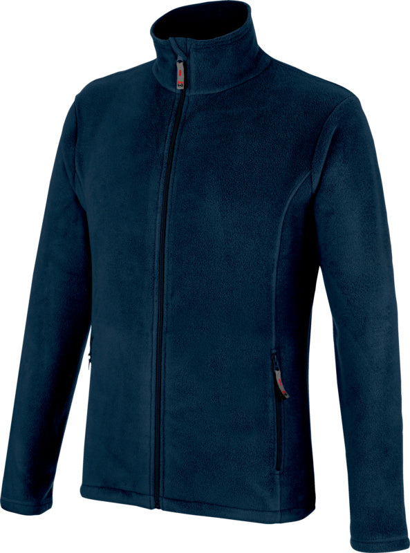 Dunkelblaue Fleecejacke mit Reißverschluss und praktischen Seitentaschen für Komfort und Stil.