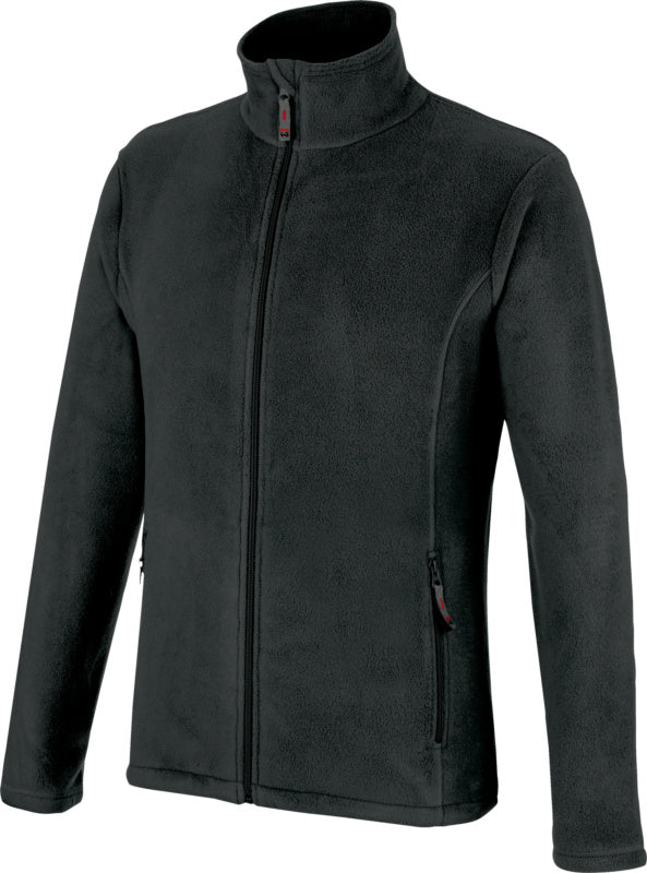 Anthrazitfarbene Fleecejacke JOB+ mit Reißverschluss, hohem Kragen und elastischen Bündchen.