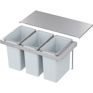 Mülltrennsystem mit mehreren farblich gekennzeichneten Behältern und dichten Deckeln für die Küche.