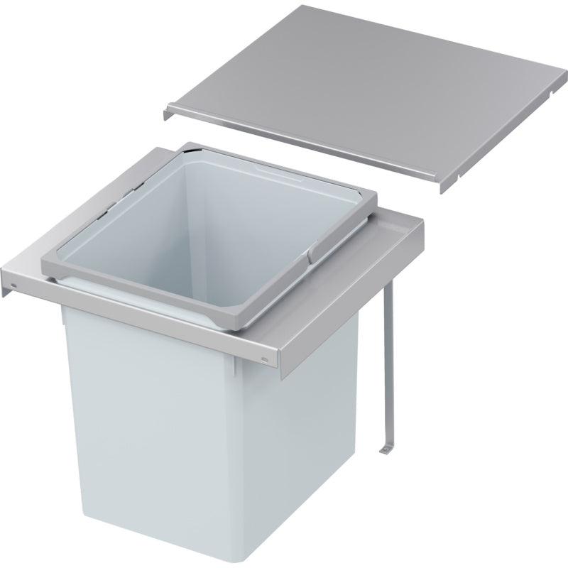 Mülltrennsystem mit mehreren Fächern für Restmüll, Papier, Biomüll und Kunststoffabfälle.