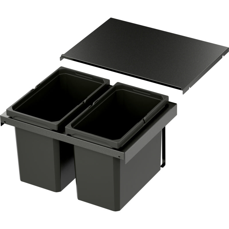 Mülltrennsystem mit mehreren Behältern und Deckel im Lava-Design für die Küche.