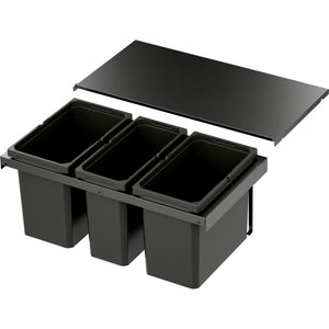 Mülltrennsystem mit mehreren Behältern und Deckel im Lava-Design für die Küche.