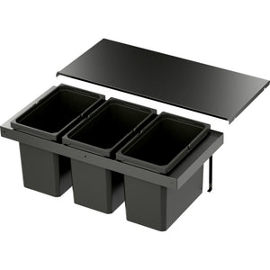 Kompaktes Mülltrennsystem für Küche in Lava-Design mit mehreren Abfallbehältern und Deckel.