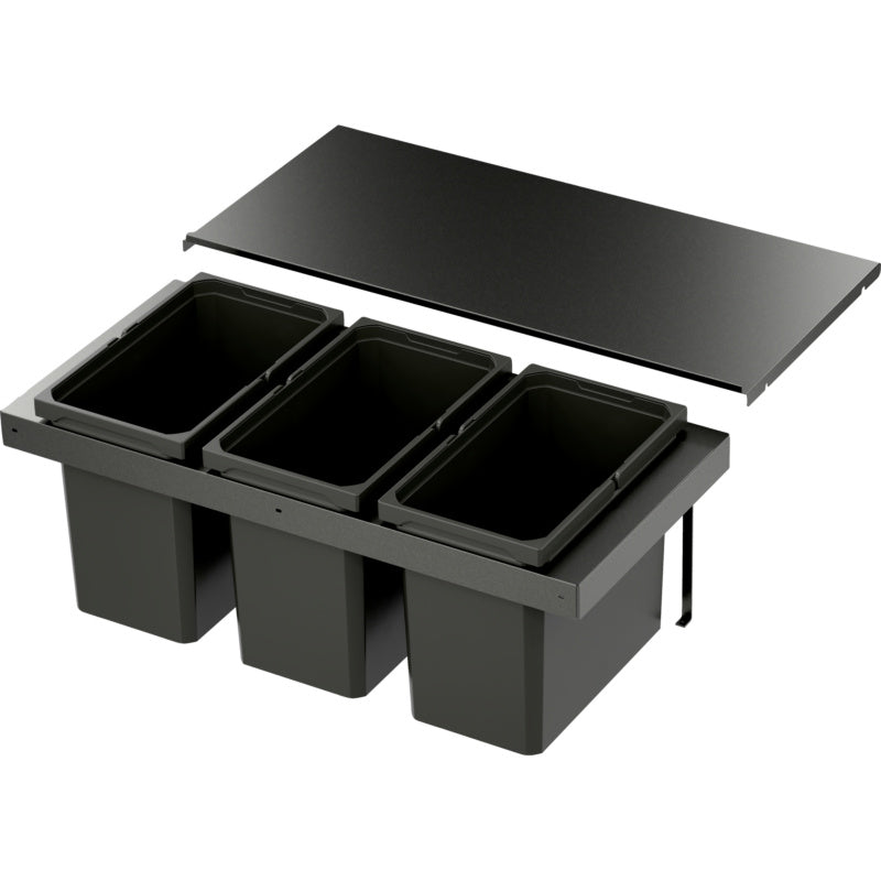 Kompaktes Mülltrennsystem für Küche in Lava-Design mit mehreren Abfallbehältern und Deckel.