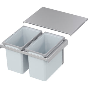 Mülltrennsystem mit mehreren Fächern für Restmüll, Papier, Biomüll und Kunststoffabfälle.