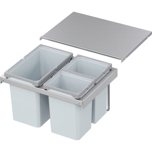 Mülltrennsystem mit mehreren Fächern für Restmüll, Papier, Biomüll und Kunststoffabfälle.