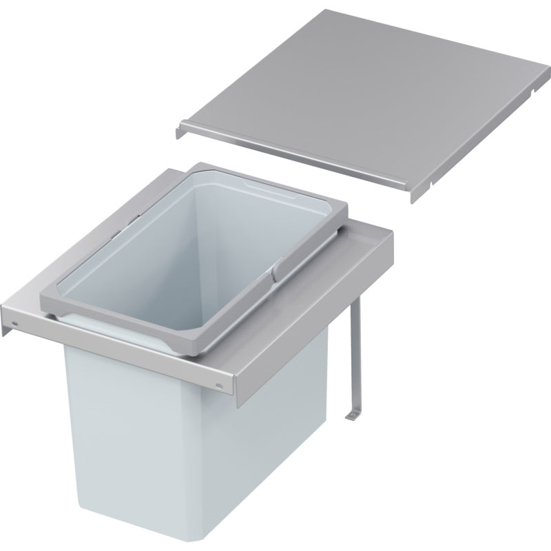 Mülltrennsystem mit mehreren Fächern für Restmüll, Papier, Biomüll und Kunststoffabfälle.