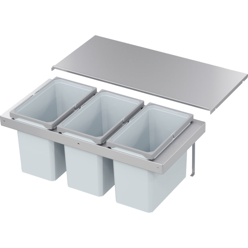 Mülltrennsystem mit mehreren Fächern für Restmüll, Papier, Biomüll und Kunststoffabfälle.