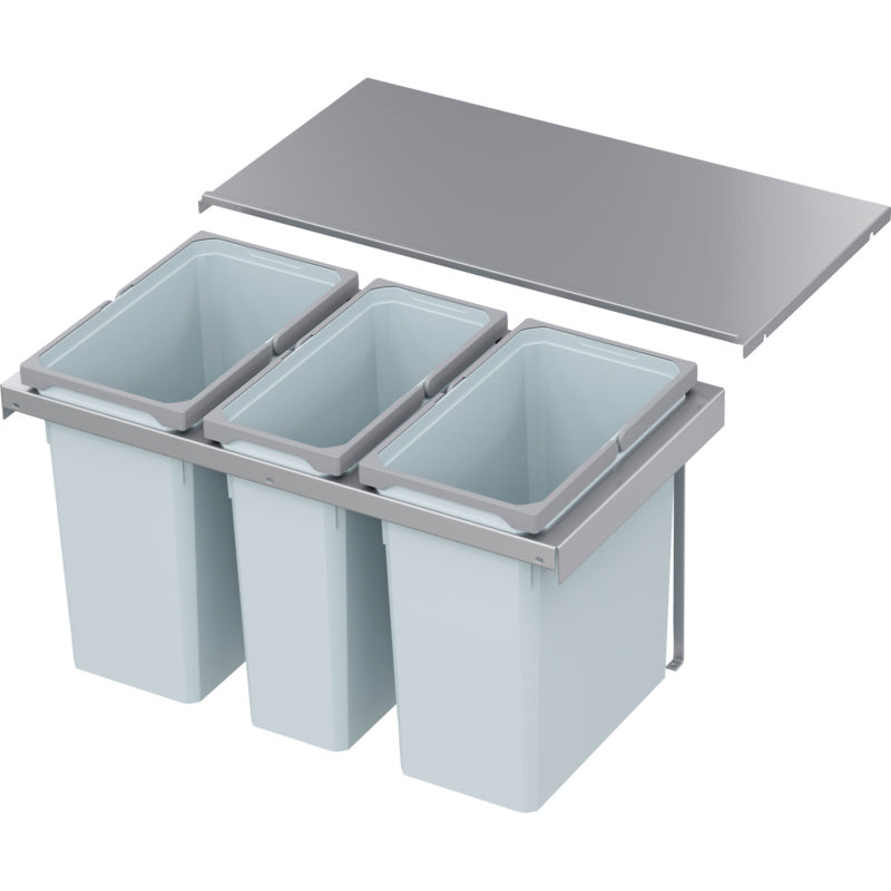 Mülltrennsystem für die Küche mit Fächern für verschiedene Abfallarten und dichten Deckeln.