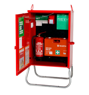 Erste Hilfe Set mit Verbandsmaterialien, Desinfektionsmitteln und Wundversorgungswerkzeugen.