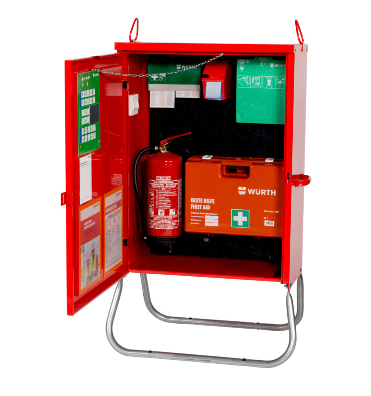 Erste Hilfe Set mit Verbandsmaterialien, Desinfektionsmitteln und Wundversorgungswerkzeugen.