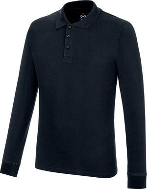 Dunkelblaues langärmliges Arbeitspoloshirt mit klassischem Kragen und Knopfleiste.