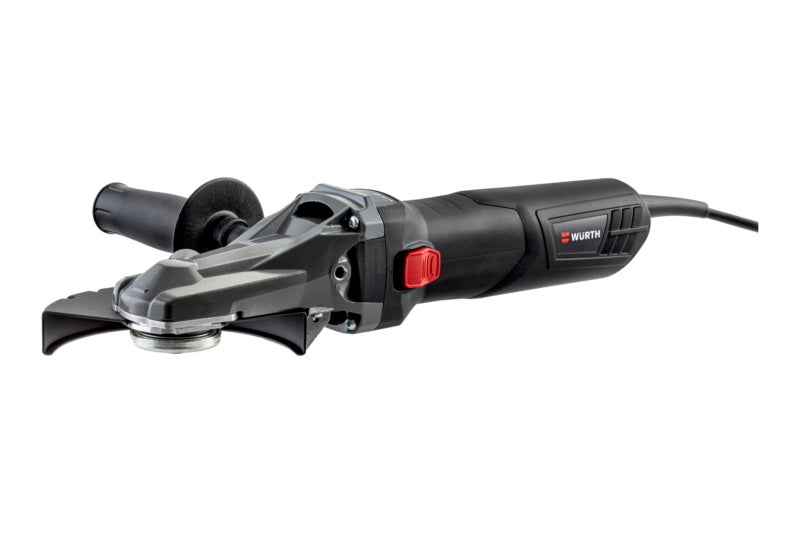 Elektrowinkelschleifer mit 125 mm Scheibe, Schutzhaube und verstellbarem Handgriff.