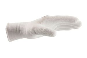 Weißer gestrickter Schutzhandschuh mit rutschfester Beschichtung für sicheren Halt.