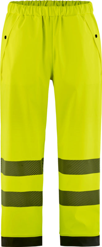 Gelbe Warnschutzhose mit wasserdichtem Material und verstellbarem Gummizug im Bund.