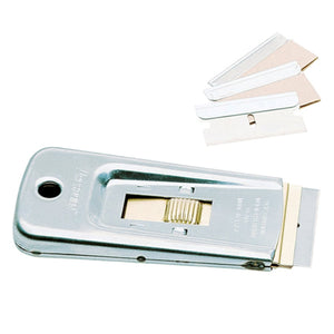 Sicherheitsschaber aus Metall mit ausziehbarer Klinge und Ersatzklingen.