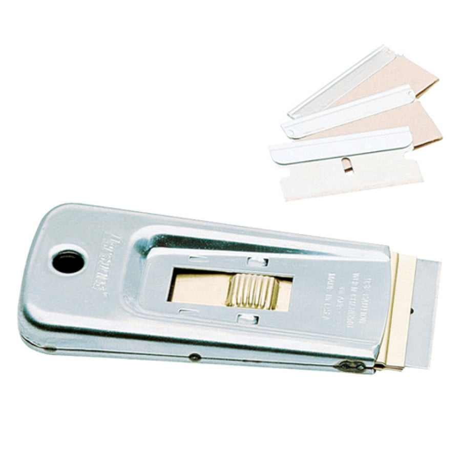 Sicherheitsschaber aus Metall mit ausziehbarer Klinge und Ersatzklingen.