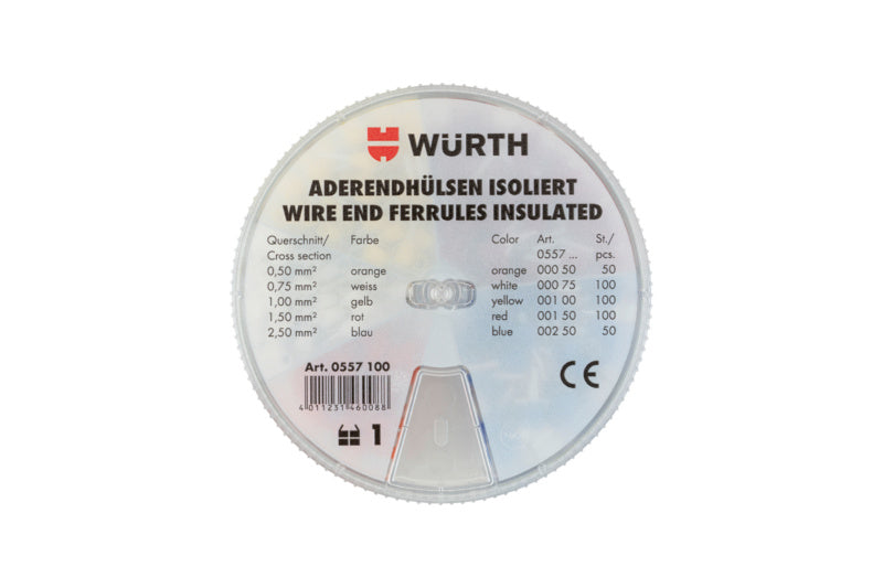 Set von isolierten Aderendhülsen in verschiedenen Größen und Farben für elektrische Verbindungen.