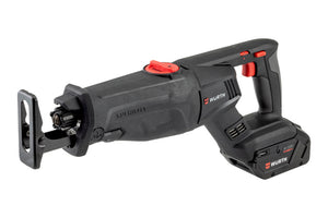 Akku betriebene Säbelsäge mit ergonomischem Griff und Sägeblatthalterung.