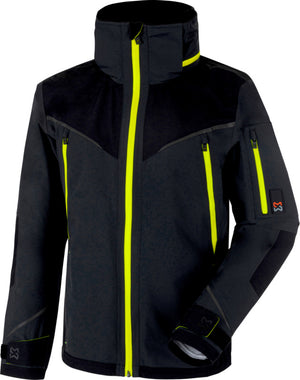 Wetterschutzjacke in Anthrazit mit gelben Akzenten, wasser- und winddicht, atmungsaktiv.
