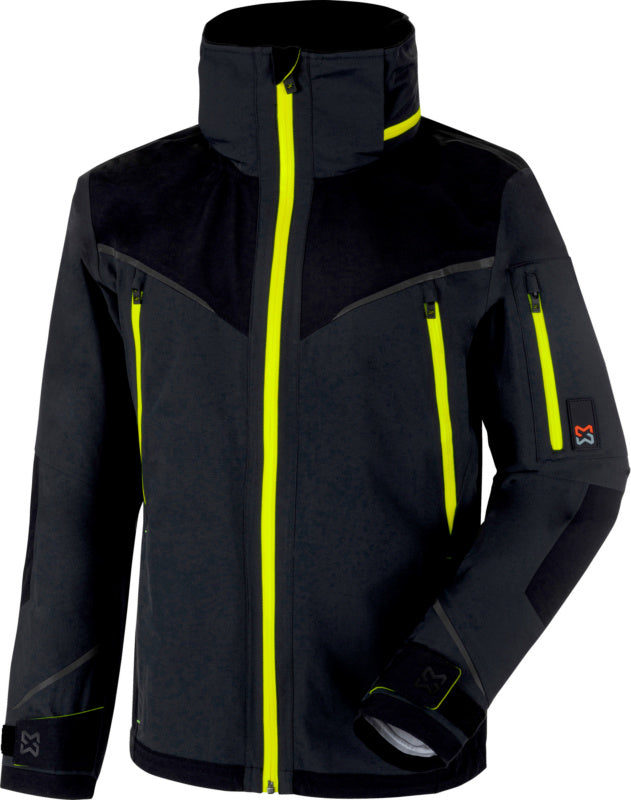 Wetterschutzjacke in Anthrazit mit gelben Akzenten, wasser- und winddicht, atmungsaktiv.