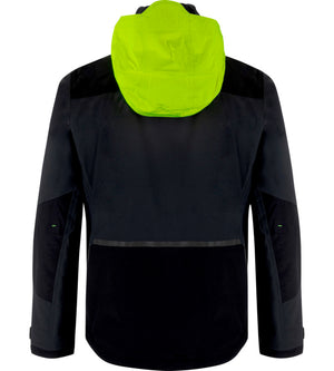 Anthrazit-gelbe Wetterschutzjacke mit wasserdichtem Material und verstellbarem Kragen.