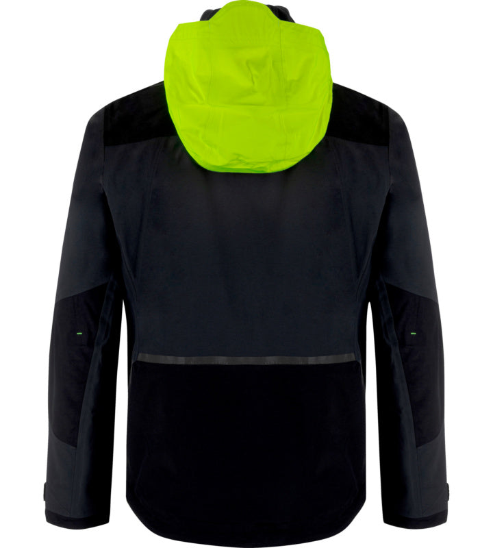 Anthrazit-gelbe Wetterschutzjacke mit wasserdichtem Material und verstellbarem Kragen.