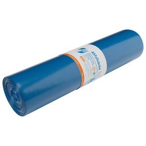 Eine Rolle blauer 120-Liter-Abfallsäcke aus Recycling-Polyethylen.