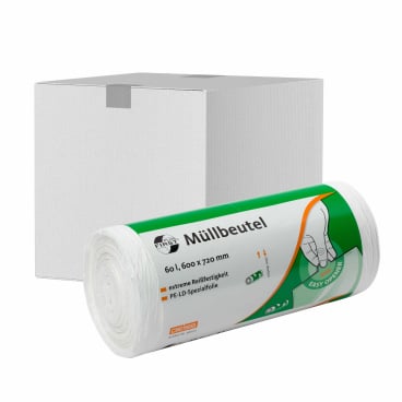 كيس نفايات FIRST PLUS، LDPE، 60 لتر، أبيض، 600 × 720 مم، 12 مليون، 50 قطعة/لفة.