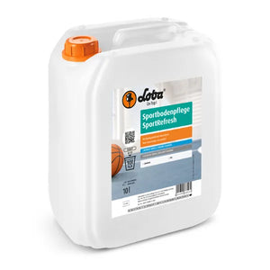 Ein 10-Liter-Kanister LOBA Sportbodenpflege mit orangefarbenem Verschluss.