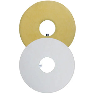Zwei runde Bodenreinigungspads, eines gelb und eines weiß.