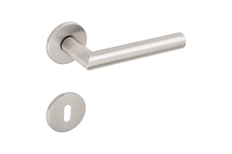 Türdrücker aus mattem Edelstahl mit ergonomischem Griff und CLICKFIX-Montagesystem für Wohnbereich.