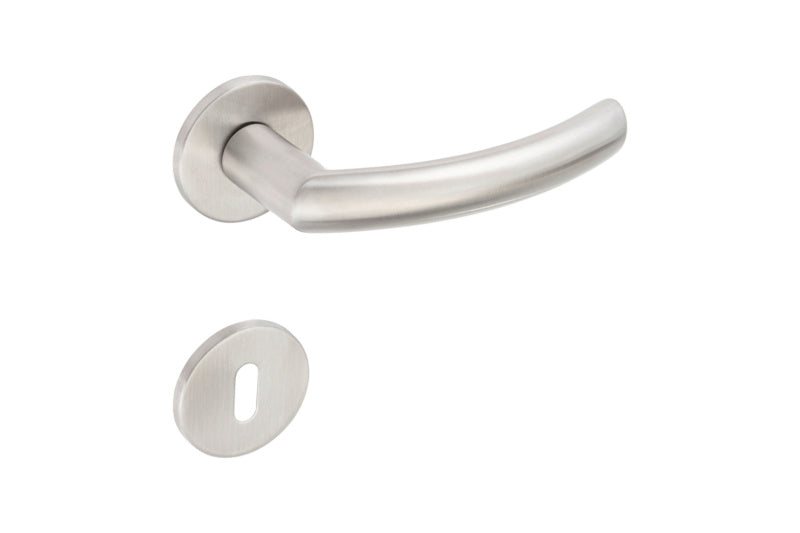 Türdrücker aus gebürstetem Edelstahl mit ergonomischem Griff und CLICKFIX-Montagesystem.