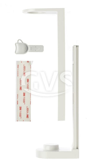 Weiße Halterung für Pumpenspender mit Klebestreifen und Clip.