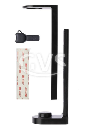 Schwarze ABS-Halterung für Pumpenspender mit Klebeband und Clip.