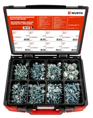 Blechschraube-Sortiment mit 600 Teilen in verschiedenen Längen und Durchmessern aus A2K-Edelstahl.