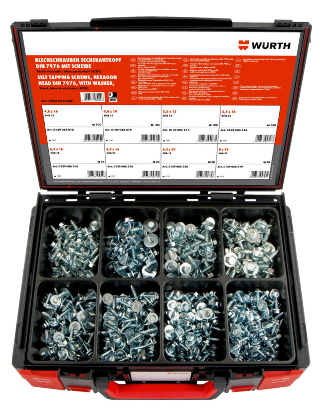 Blechschraube-Sortiment mit 600 Teilen in verschiedenen Längen und Durchmessern aus A2K-Edelstahl.