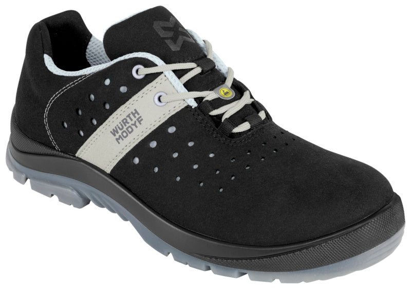 Schwarzer Sicherheitshalbschuh mit Stahlkappe, rutschfester Sohle und ESD-Funktion im sportlichen Design.