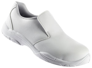 Weißer Sicherheitshalbschuh S2 mit Zehenschutzkappe und rutschfester Sohle aus Kunstleder.