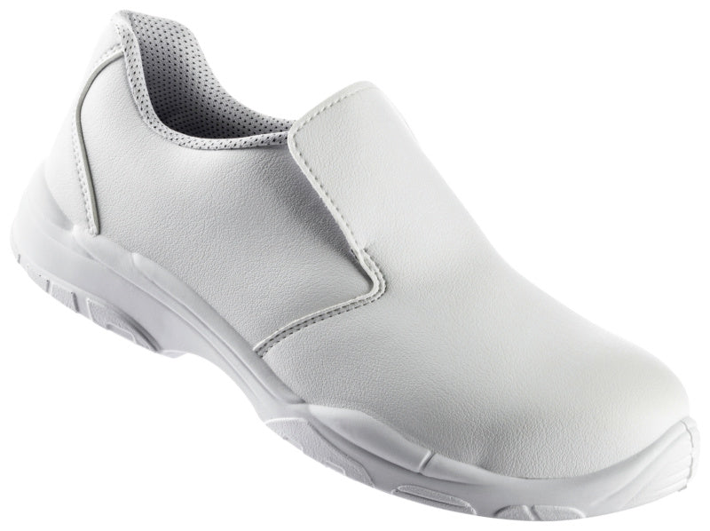 Weißer Sicherheitshalbschuh S2 mit Zehenschutzkappe und rutschfester Sohle aus Kunstleder.